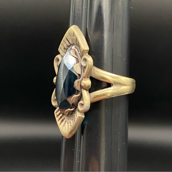 Art Deco Hematite and Brass Vintage Marquise Style Ring Silver Size 5.5Rare - Picture 7 of 16